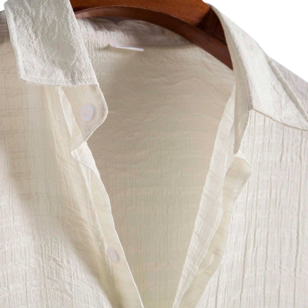 Camisa Manga Curta Borenzi Playa Off White BZ591 em tecido leve, com design sofisticado e caimento impecável para ocasiões casuais e dias ensolarados.