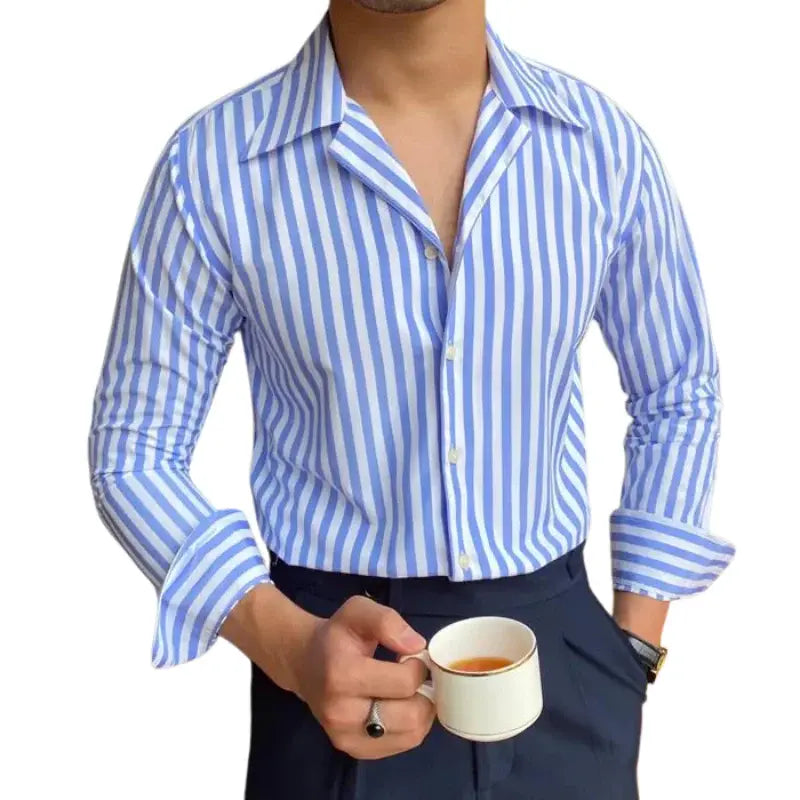 Camisa Social Masculina Listrada Borenzi BZ087, slim fit, confortável e sofisticada, perfeita para o trabalho e eventos formais.