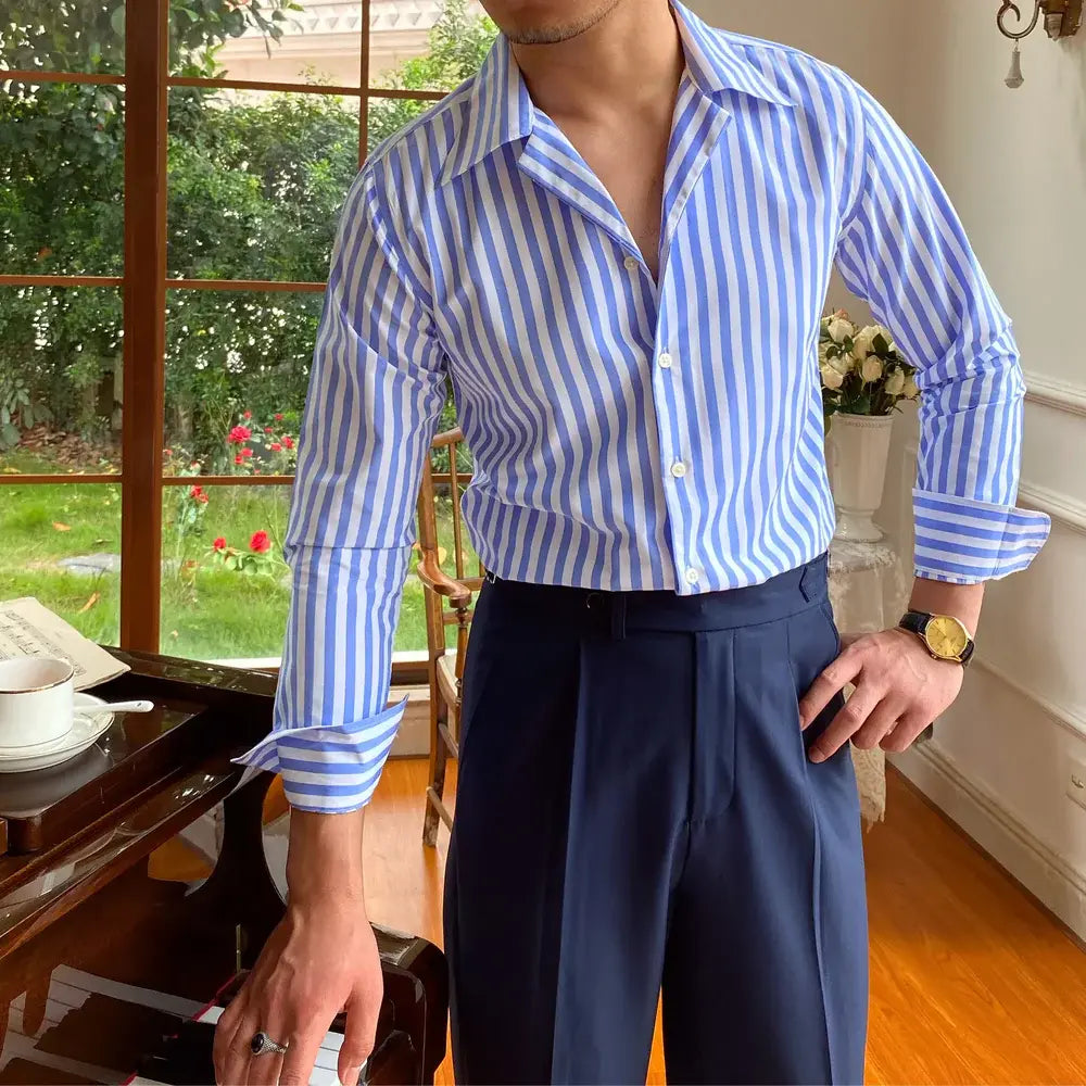 Camisa Social Masculina Listrada Borenzi BZ087, slim fit, confortável e sofisticada, perfeita para o trabalho e eventos formais.