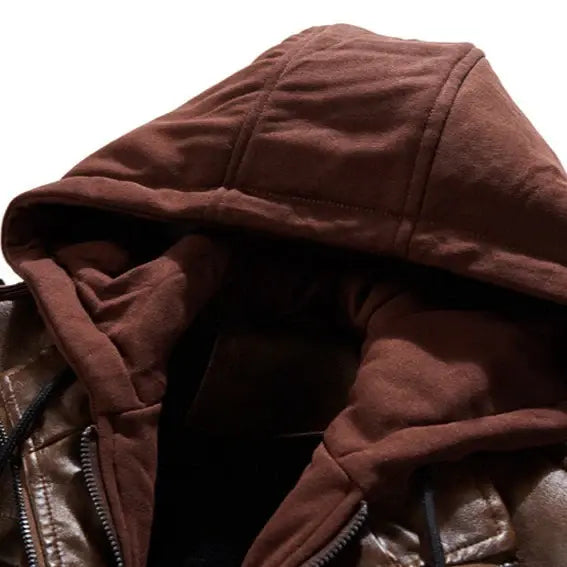 Jaqueta Masculina de Couro Original Borenzi BZ125 em couro genuíno com capuz removível, design elegante e qualidade premium, perfeita para conforto e estilo.