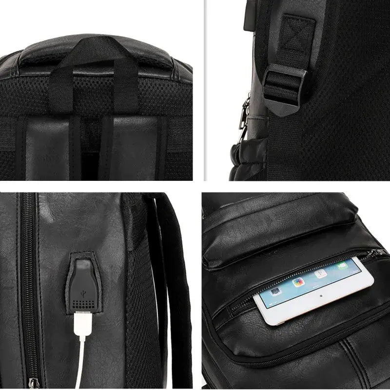 Mochila de Couro Masculina Borenzi BZ072 com resistência à água, porta USB, alças ergonômicas e compartimentos para notebook e tablet