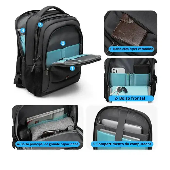 Mochila Executiva Borenzi BZ348 em tecido Oxford impermeável com porta USB e compartimento para notebook 17''. Ideal para negócios e deslocamentos.