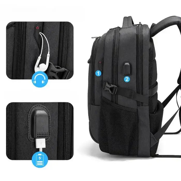 Mochila Executiva Borenzi BZ348 em tecido Oxford impermeável com porta USB e compartimento para notebook 17''. Ideal para negócios e deslocamentos.